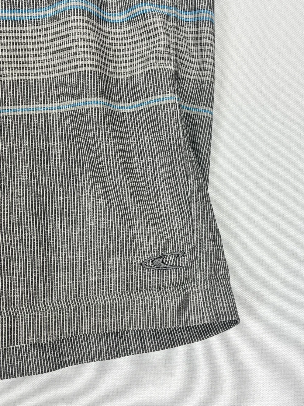 O’Neill Swim Board Shorts Men’s Size 38 Blue Grey Striped Drawstring Waist